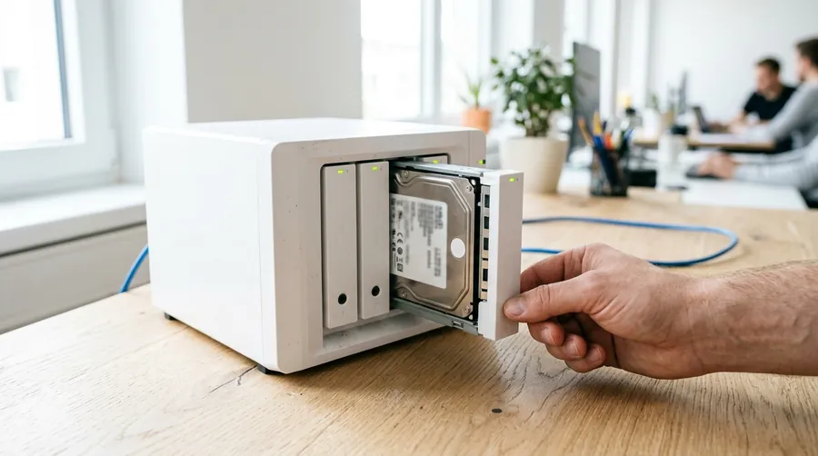 NAS-Backup mit herausgezogenem Laufwerk auf dem Schreibtisch