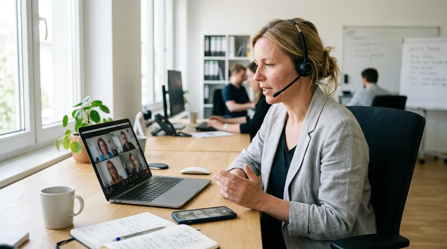 Mitarbeiterin in einer Videokonferenz über Microsoft 365